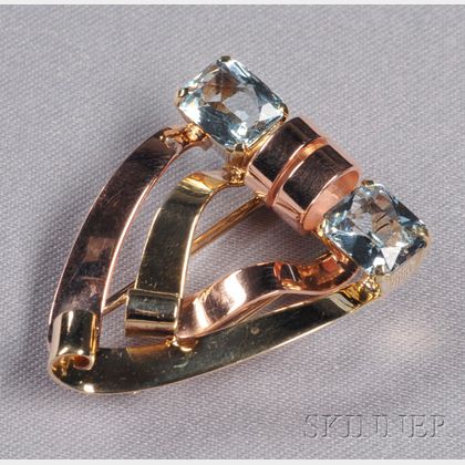 Retro 14kt Bicolor Gold and Aquamarine Clip, Tiffany & Co.