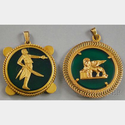 Two 18kt Gold-framed Jade Medallions