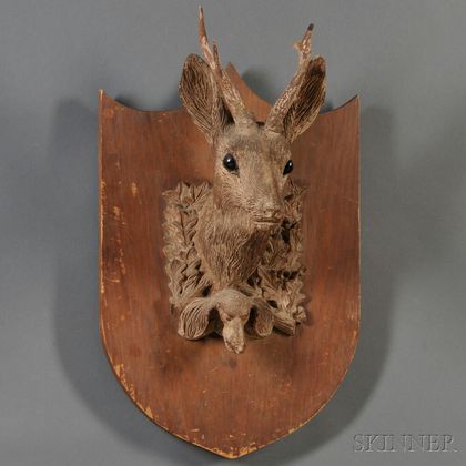 Folk Carved Stag- and Dog-head Trophy Plaque