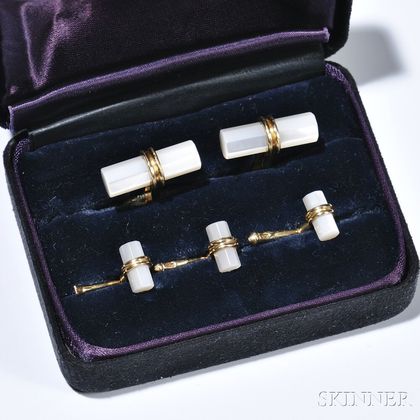 Gentlemans 14kt Gold and Mother-of-pearl Dress Set, Tiffany & Co., comprising a pair of cuff links and three shirt studs, signed, boxe 