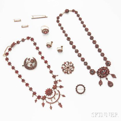 Ten Pieces of Victorian Gilt Garnet Jewelry
