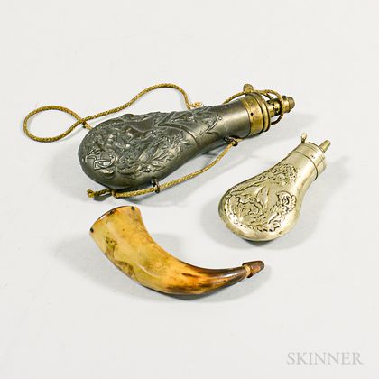 Two Metal Powder Flasks and a Small Engraved Powder Horn