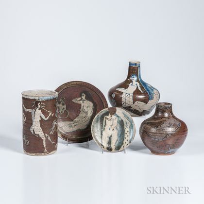 Eric James Mellon (British, 1925-2014) Five Polychrome Ash-glazed Stoneware Items