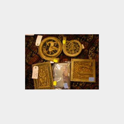 Carved Meerschaum Portrait Plaque, Two Giltwood Fan Frames, Four Carved Wax Fragments, European Landscape Painted Marble Plaque, and Tw