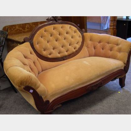 Victorian Upholstered Walnut Settee. 