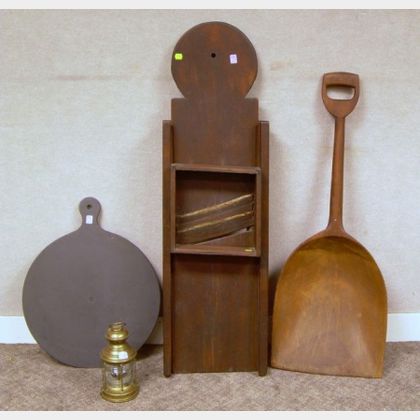 Large Wooden Slaw Cutter, a Wooden Shovel, Slate Peel, and a Brass Lantern. 