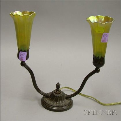 Tiffany-style Patinated Bronze Table Lamp with a Pair of Gold Favrile Glass Lily-form Shades. 