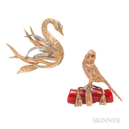 Two 14kt Bird Brooches