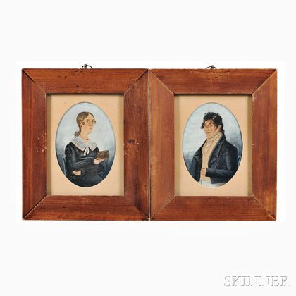 American School, 19th Century Pair of Folk Portraits of a Man and a Woman