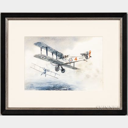 Watercolor Depicting Two British Biplanes