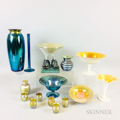 Seventeen Iridescent Glass Tableware Items