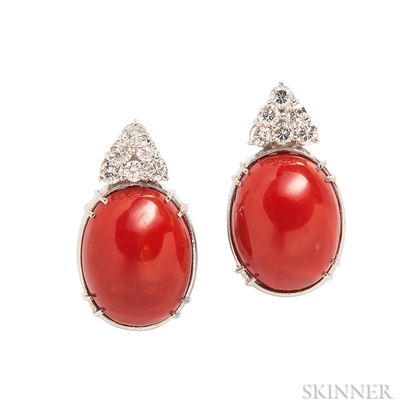 White Gold, Coral, and Diamond Earrings