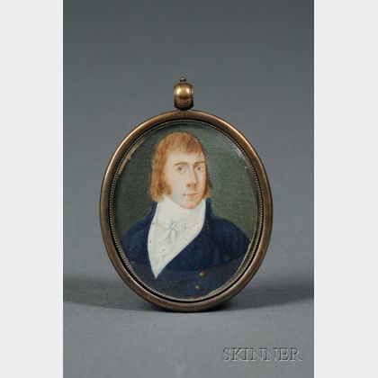 American School, 19th Century Portrait Miniature of a Young Man Wearing a Blue Jacket.