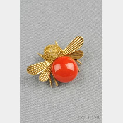 18kt Gold and Coral Bee Brooch, Hermes