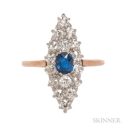Edwardian Sapphire and Diamond Navette Ring