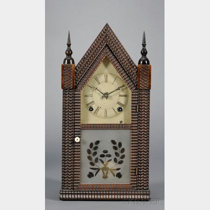 Mahogany Carved and Veneer Ripple-molded Sharp Gothic Shelf Clock