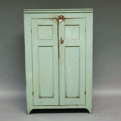 Turquoise Blue-painted Pine Cupboard with Two Paneled Doors
