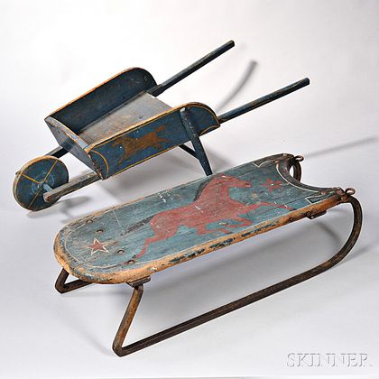 Paint-decorated Wooden Wheelbarrow and Sled