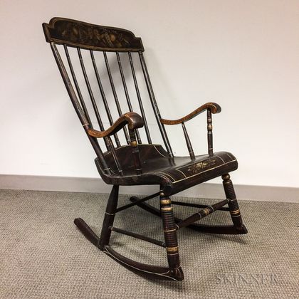 Grain-painted and Stenciled Tiger Maple Armed Rocking Chair