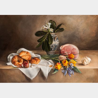 Margaret Hancock (British, 19th/20th Century) Still Life with Tulips, Ham, Croissants, and Italian Faience Pot