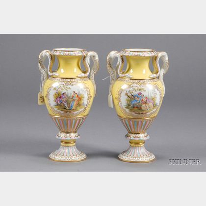 Pair of Meissen Porcelain Yellow Ground Vases