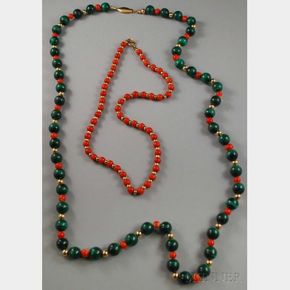 Two Gold and Hardstone Beaded Necklaces