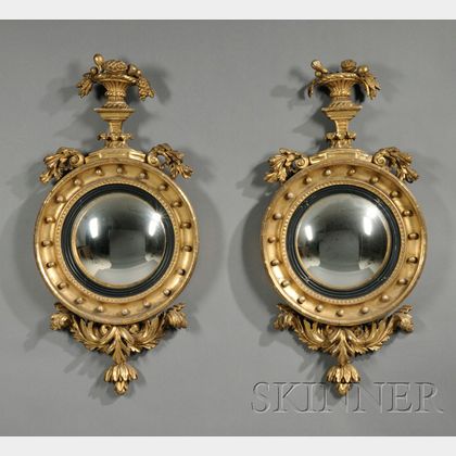 Pair of Regency Giltwood Convex Mirrors