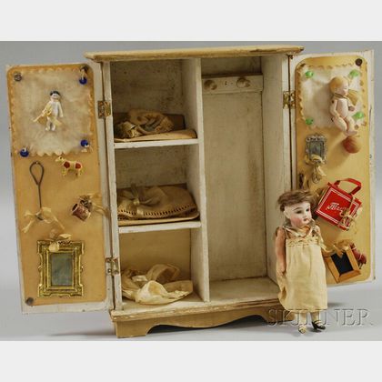 Small Bisque Head Doll with Wardrobe and Clothes