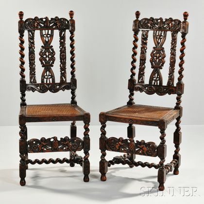 Pair of Renaissance Revival Flemish-style Walnut Side Chairs