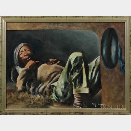 South African School (20th Century) Oil on Canvas Depicting a Black Man Sleeping, 