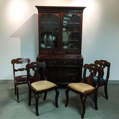 Classical Glazed Mahogany Veneer Desk/Bookcase and a Set of Four Chairs