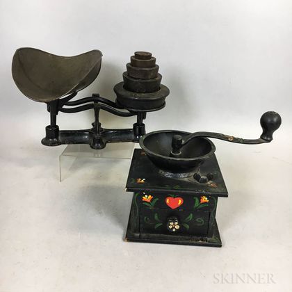 Small Paint-decorated Coffee Grinder and a Cast Iron Scale and Weights. Estimate $20-200
