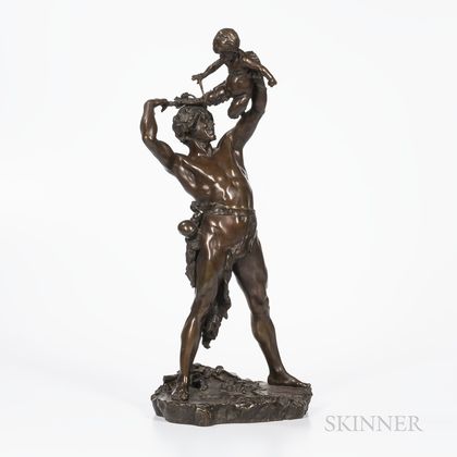 After Clement Leopold Steiner (French, 19th Century) Bronze Standing Figure of Bacchus with Infant Faun