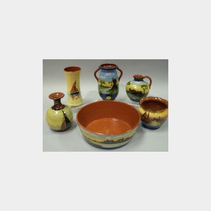 Long Park Tintern Abbey Landscape Fruit Bowl and Jug, an Aller Vale Windmill Landscape Two-Handled Vase, a Watcombe Faience Sailboat an
