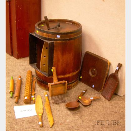 Wood and Iron Barrel Butter Churn and Wooden Kitchen Accessories
