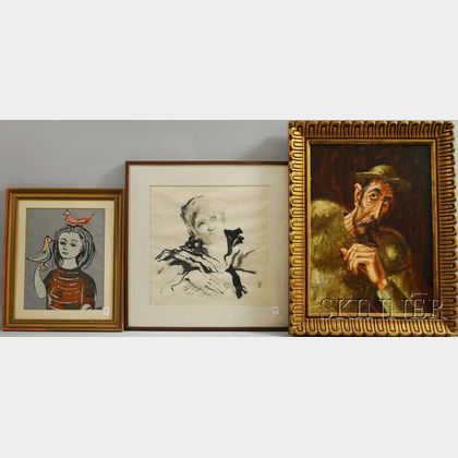 Three Framed 20th-Century Portraits in Assorted Media Carlos Lacámara (Cuban/American, 1928-2007),Don Quixote