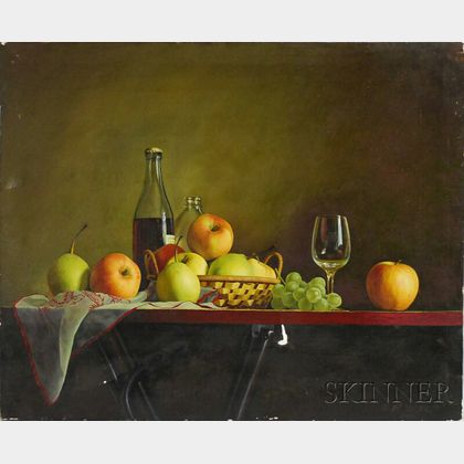 20th Century Asian School Oil on Canvas Still Life with Fruit and Wine