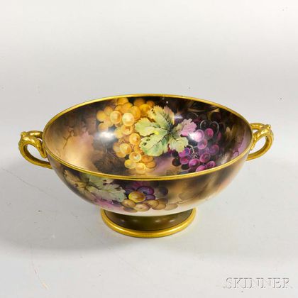 Limoges Footed Ceramic Punch Bowl with Grape Decoration