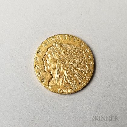 1909-D $5 Indian Head Gold Coin. Estimate $300-400