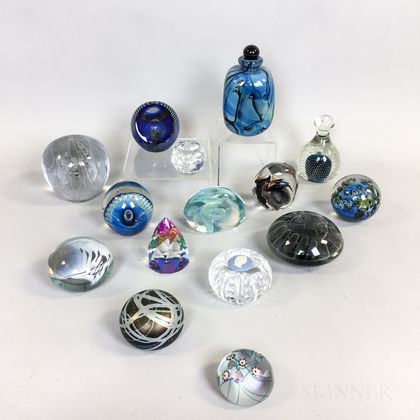 Fifteen Art Glass Paperweights and Bottles
