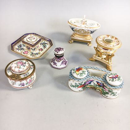 Four Samson Porcelain Inkwells and Two Other Continental Inkwells. Estimate $100-200
