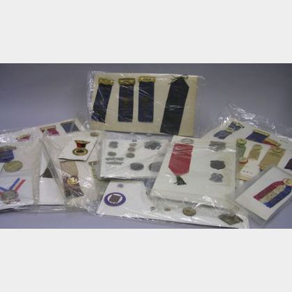 Group of Commemorative, Political, Fraternal, and Military Medals, Badges, and Ribbons