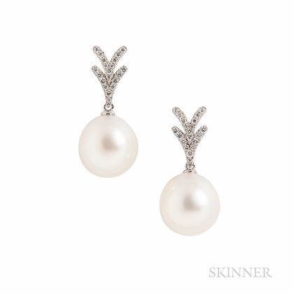 18kt White Gold, South Sea Pearl, and Diamond Earrings