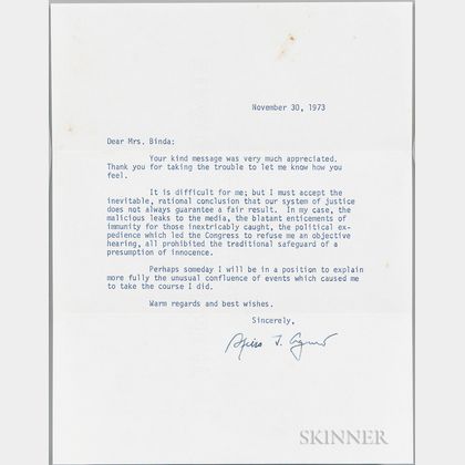Agnew, Spiro (1918-1996) Typed Letter Signed, November 30, 1973.