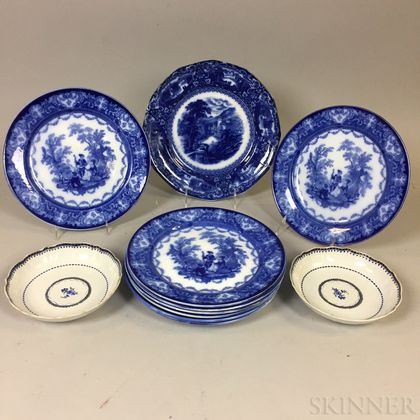 Nine Flow Blue Ceramic Dinner Plates and a Pair of Chinese Export Porcelain Saucers