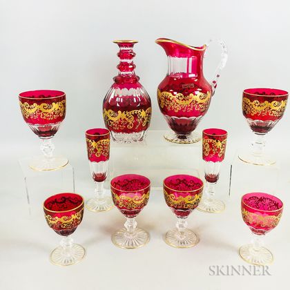 Ten St. Louis Gilt Cranberry Cut-to-clear Glass Tableware Items