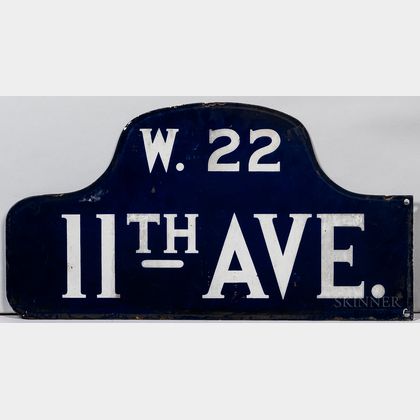 Blue and White Enamel 11th Ave. and W. 22nd Street Sign