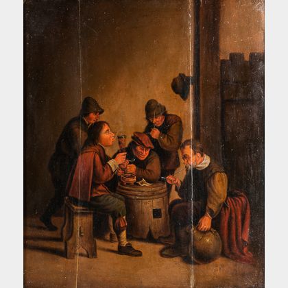 Dutch School, 17th Century Style Men Smoking and Drinking Around a Half-barrel Table