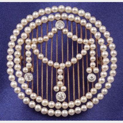 Edwardian 14kt Gold, Seed Pearl, and Diamond Brooch