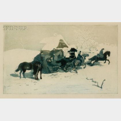 Adolf Jelinek Alex (Czechoslovakian, b. 1890) Horsemen and Sleigh Before a Cottage.